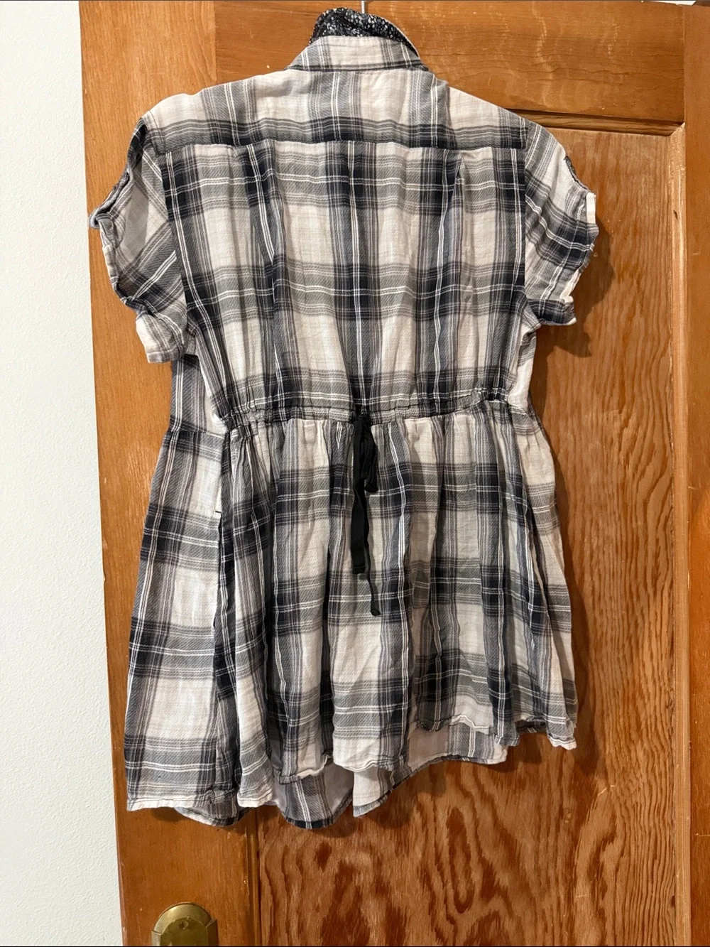 Free People Short-Sleeve Plaid Shirt in Black and White